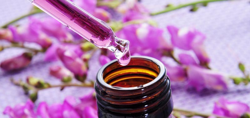 closeup of a dropper bottle and a pile of purple flowers on a purple background